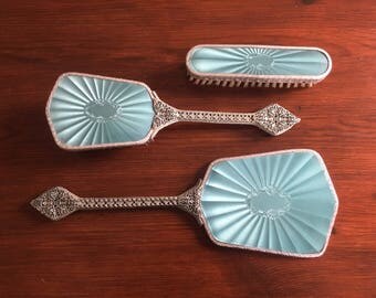 Art Deco Vanity Set: Vintage Silver and Turquoise Brush, Mirror, and Brush