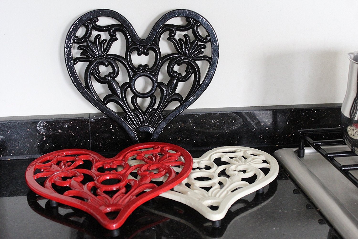 Cast Iron Heavy Duty Large Heart Trivet in Cream Red Black