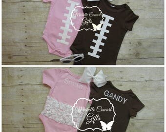 Brown Football Onesie, Pink Football Onesie, With or without Ruffles, Halloween Outfit, Football Outfit, Boy, Girls, Long, Short, Sleeve RTS