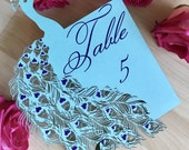 Peacock wedding table number laser cut paper customizable blue purple teal printed ombre