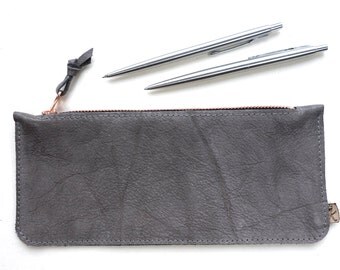 upcycled pencil case grey leather copper, vintage artists organiser, sketchbook case, leather pen case, beauty case recycled leather "Tikka"