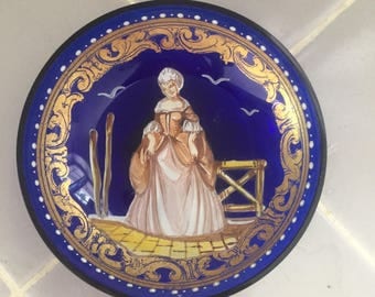 Bohemian Glass Cobalt Blue Hand Painted Trinket Dish