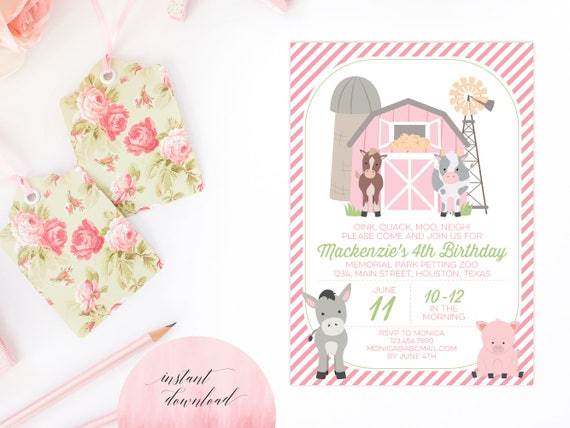 Girl Farm Invitation Instant Download Petting Zoo Invite