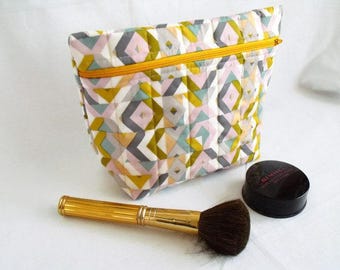 toiletry bag, make up holder, cosmetic bag, large zipped pouch, quilted clutch, geometric print cotton fabric