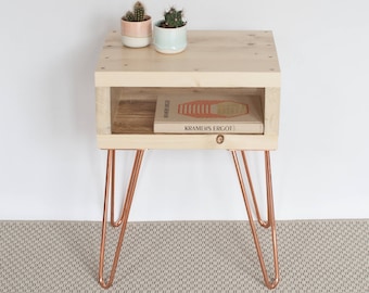Olav Bedside Table | Side Table | Small Table | Natural Finish | Reclaimed Wood | Copper Hairpin | Industrial Nightstands