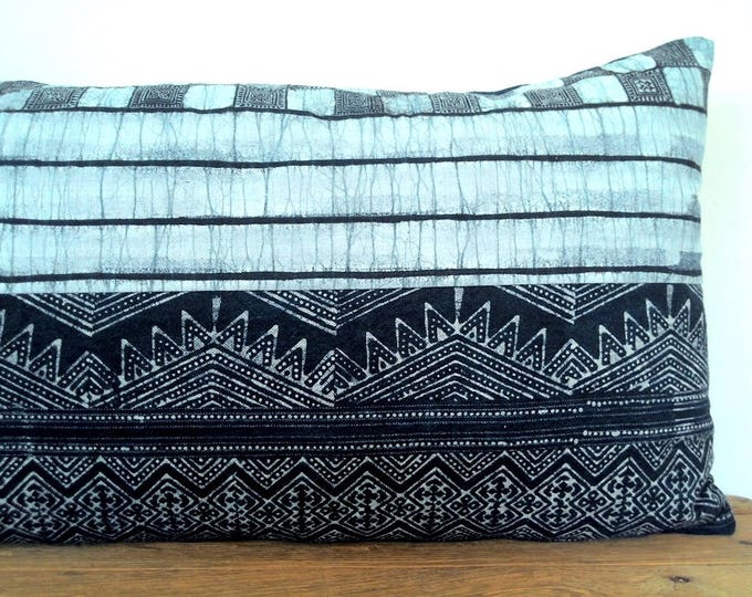 12" x 20" Eclectic Indigo Handmade Textile Pillow Cover/Miao Hmong Handspun Batik Pillow Cover/Boho Ethnic Cotton Textile Lumbar Pillow