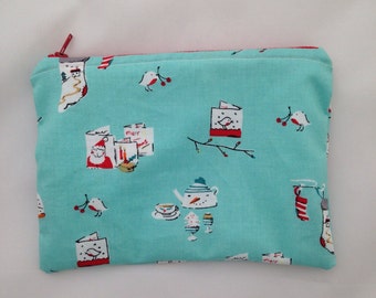 Makeup Bag Auqua Zip Pouch Cherry Christmas OOAK Knitting Notions Bag