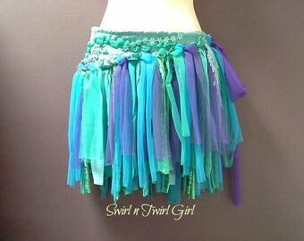 WOMANS MERMAID TUTU, festival wrap belt, shabby tutu skirt, aqua purple blue green, tattered mermaid dance tutu, burning man, rave costume