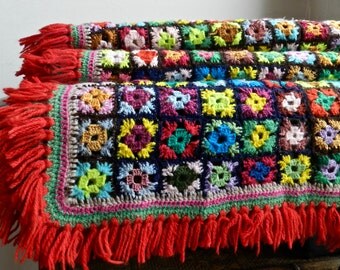 Couverture plaid bohème au crochet en laine multicolore