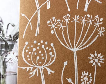 Hand printed, painted roller tussock/grass, meadow scene greetings card