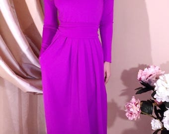 Dark Lilac Maxi Dress V Neck Long Sleeves Pockets