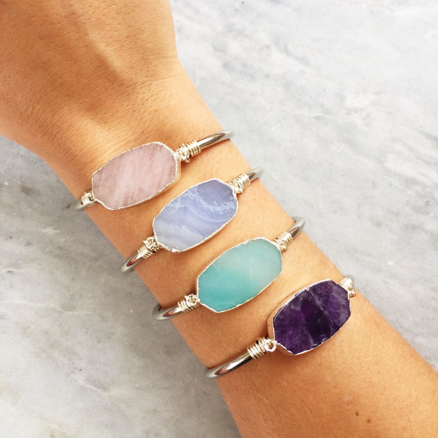 THE PASTELS - Natural Gemstone Cuff Bracelets - Silver | Adjustable Cuff | Raw Stone |