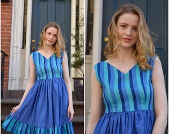 ON SALE Striped Blue dress | vintage 1960s dress | blue striped 60s cotton dress