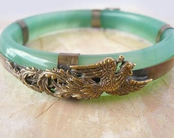 Translucent Green Jade Bangle with Dragon and Phoenix plated metal Overlay