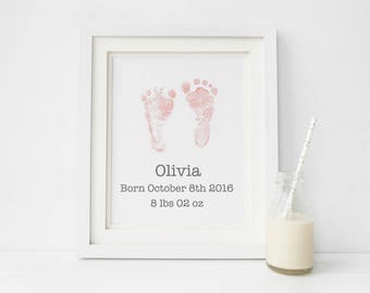New Born Baby Girl Gift, Baby Footprint Art, Newborn Baby Girl Gift, New Baby Gift, Birth Announcement Wall Art, Personalised Baby Gift