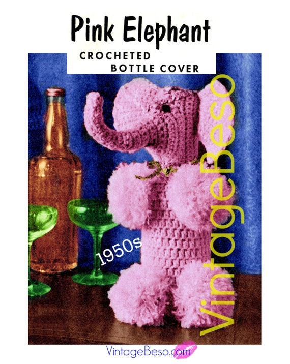 Pink Elephant Crochet Pattern Vintage 1950s Rare Bottle Cover