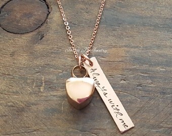 Rose Gold Urn Hand Stamped Necklace, 14K Bar Always With Me Urn Necklace, Memorial Gift, Remembrance gift, Loss Of A Loved One, Heart Urn