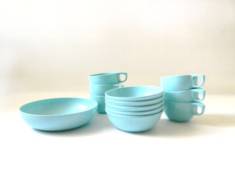 Vintage Set of Aqua Melmac Cups & Bowls
