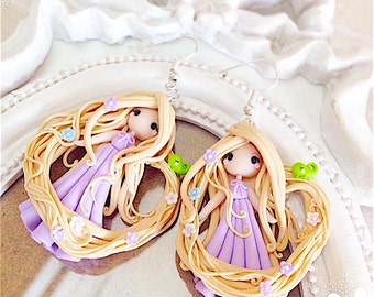 Disney Rapunzel Pair Earrings ~ Cute Kawaii Earrings Polymer Clay Fimo Chibi Princess Rapunzel Flowers Pascal Doll Hair Lavender