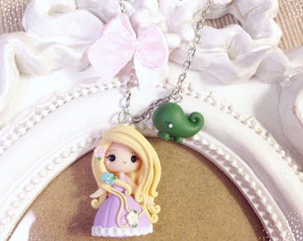 Fimo Polymer Clay necklace Kawaii Cute Chibi Rapunzel Disney tiny Princess Princess fairy tale Ribbon Flowers Handmade gift Pascal
