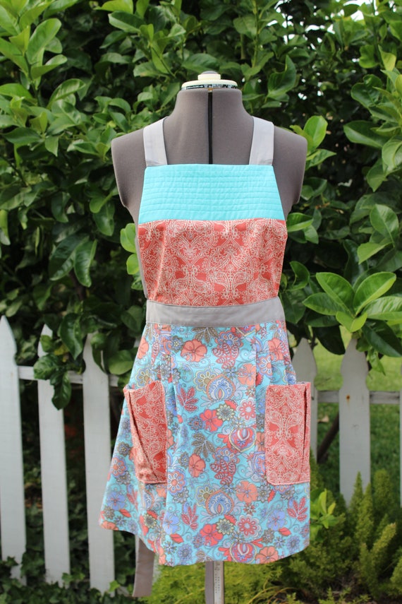 Anthropologie Vintage style Retro Apron Orange Turquoise Gray