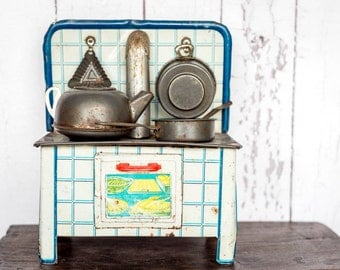 Vintage Tin Metal Toy Kitchen Stove - RARE MFZ Martin Fuchs of Zirndoff of Germany - Antique 1940's Kitchen Stove Set - Antique Tin Toys