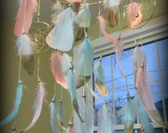 Coral Mint Baby Mobile, Pink Dream catcher Mobile, Boho Feather Mobile, Nursery Mobile, Woodland Mobile, Native American Style