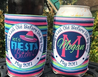 Custom Bachelorette Wedding Party insulated can / bottle coolers - Personalized - Let's Fiesta Bitches! Vacation / Mexixo / Cancun / Cabo