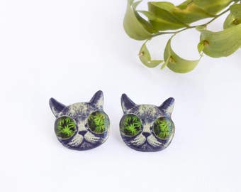 Weed Cat studs , Weed earrings , Cat earrings , Kitty studs , Cat with glasses studs , Hippie cat studs , Kitty earrings , Weed jewelry