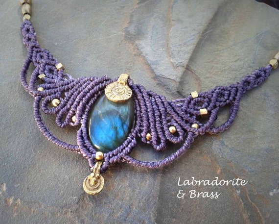 Macrame Necklace with labradorite and brass ethnic jewelry