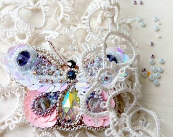 pink white butterfly brooch Unique Statement jewelry beadwork Designer jewelry Birthday gift for her for girls original gift made to order