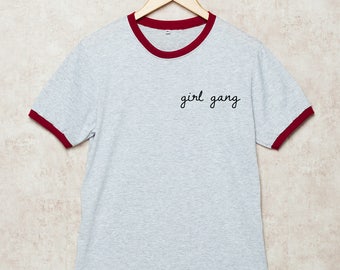 Girl Gang Shirt Pocket Girl Gang Ringer Tshirt Women Feminist T Shirts Grey Size S , M , L , XL , 2XL , 3XL three color ring