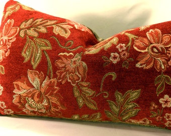 Chili Pepper Red Lumbar Pillow Cover with Tree Top Green Sculpted Chenille Backing. Zippered Decorative Pillow Cover/Designer Pillow Fabric