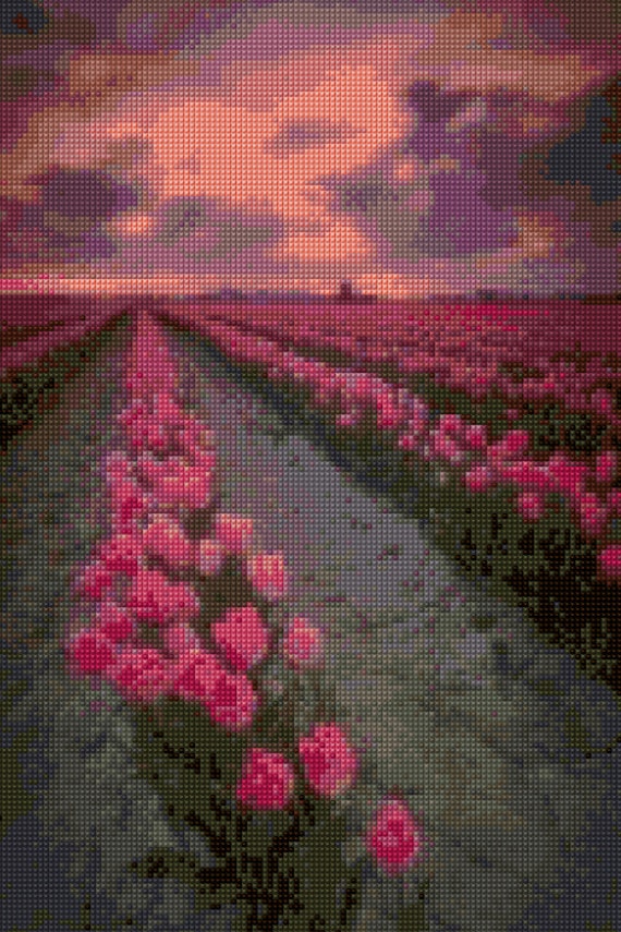 Download Spring Tulips at Sunset landscape Cross Stitch pattern PDF