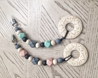Silicone/Wood Donut Bead Teething Pacifier Clip, Wood Beads, Nursing Clip, Paci Clip, Toy Leash, Soother, Binky Binkie Clip, teething toy