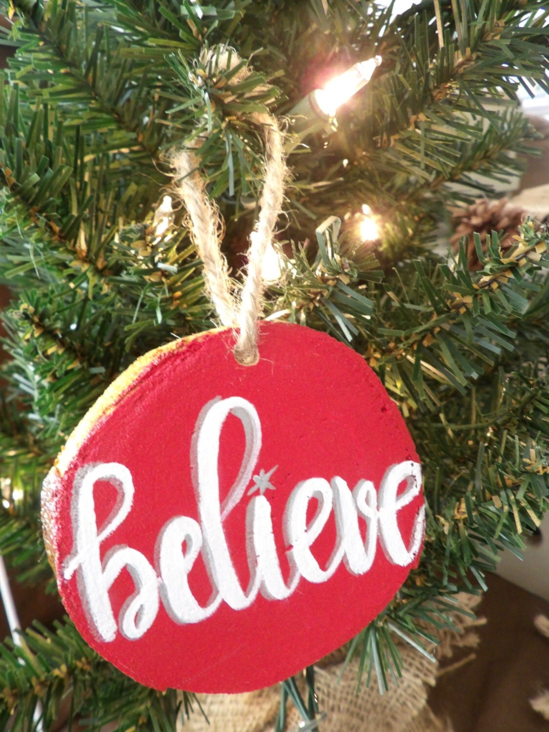 ON SALE Christmas Ornament Handmade Wood Christmas Ornament Believe