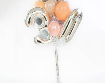 30th Birthday Balloon Bouquet / 30 Balloon Numbers / Silver Giant Number Balloons / Foil Mylar Balloons / Party Balloon