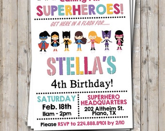 GIRL superhero birthday invitation personalized for your party - digital / printable DIY girls superhero invitation