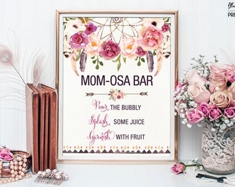 Printable MOMOSA BAR. Bohemian Baby Shower Mimosa Bar Sign. Boho Floral Baby Shower Decoration. Dream Catcher Decor. Rustic Feathers FLO13