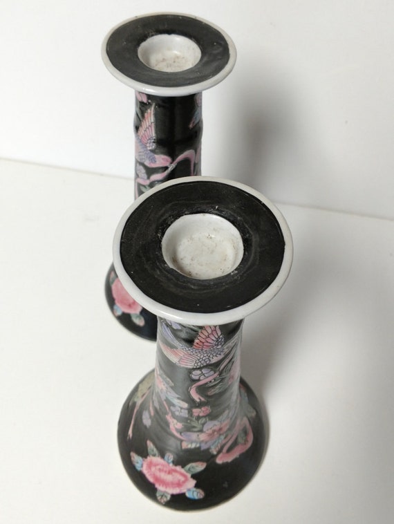 Hand Painted Ceramic Candlestick Holders Asian Art Deco