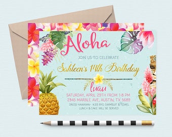 Hawaiian Invitations, Pineapple Invitation, Luau Birthday Invitation, Luau Invitations, Luau Birthday Invites, Summer Birthday Invitations,