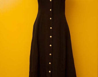 Vintage Floor Length Black Button Front Dress with Gold Buttons and Tie Back Size Small/Medium