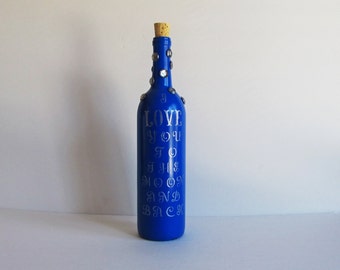 I Love You to the Moon and Back Wine Bottle, Love Decor, Gift for Her, Blue Painted Bottle, Wine Bottle Decor, Wine Bottle Gift