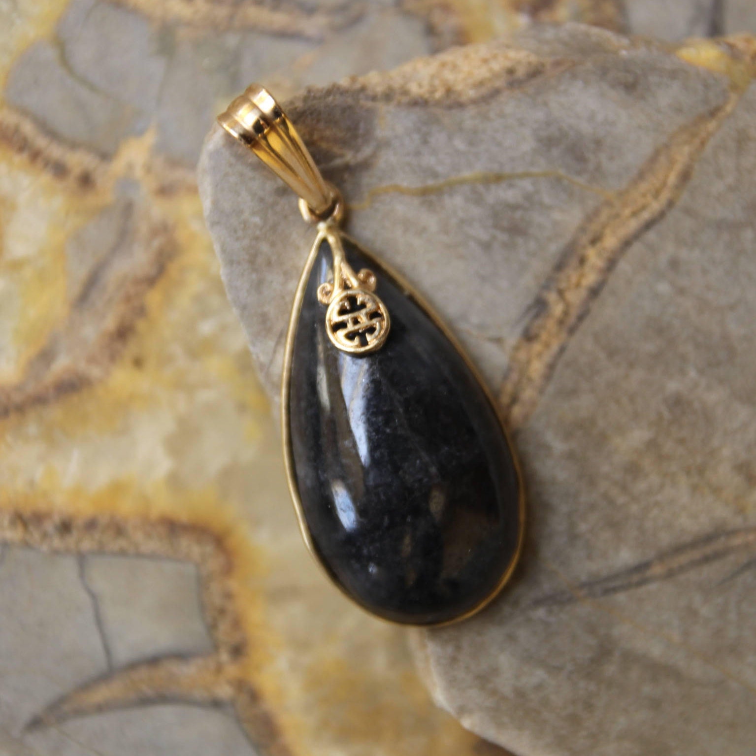 Vintage Black Jade PearShaped 14k Pendant Black Jade