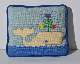 Smiling whale decorative vintage needlepoint pillow.