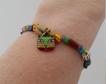 Cat Bracelet African Bead Bracelet Cat Charm Bracelet African Jewelry African Christmas Bead Jewelry African Trade Beads Cat Jewelry Stretch
