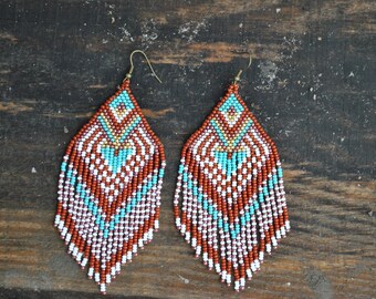 Beaded earrings, seed bead earrings, modern earrings, boho earrings, fringe earrings, beadwork jewelry, Christmas gift beaded