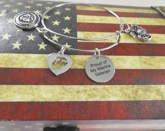 Marine Veteran Inspired Stainless Steel Bangle bracelet Proud of My Marine Veteran Marine Wife Girlfriend Mom Military Jewelry