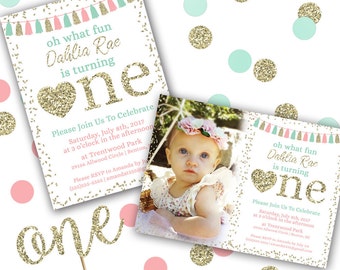 Oh What Fun First Birthday Invitation, Pink Mint Gold First Birthday Invitation, Gold Confetti, Printable Birthday Invitation