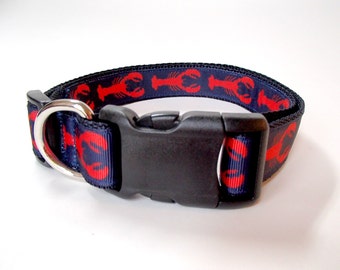 Pattern Dog Collar with Name, Lobster Dog Collar, Nautical Dog Collar, Custom Dog Collar, Embroidered Collar, Collar with name and number